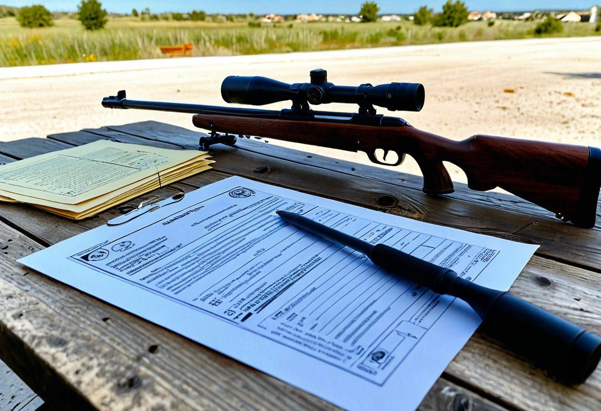 A dynamic scene featuring a Hatsan air rifle in focus, with various insurance policy documents and a clipboard on a wooden table. In the background, a serene shooting range with targets and a clear blue sky. Emphasize the importance of safety and protection in shooting sports with warm, inviting colors. super-realistic. vibrant colors. outdoor setting.