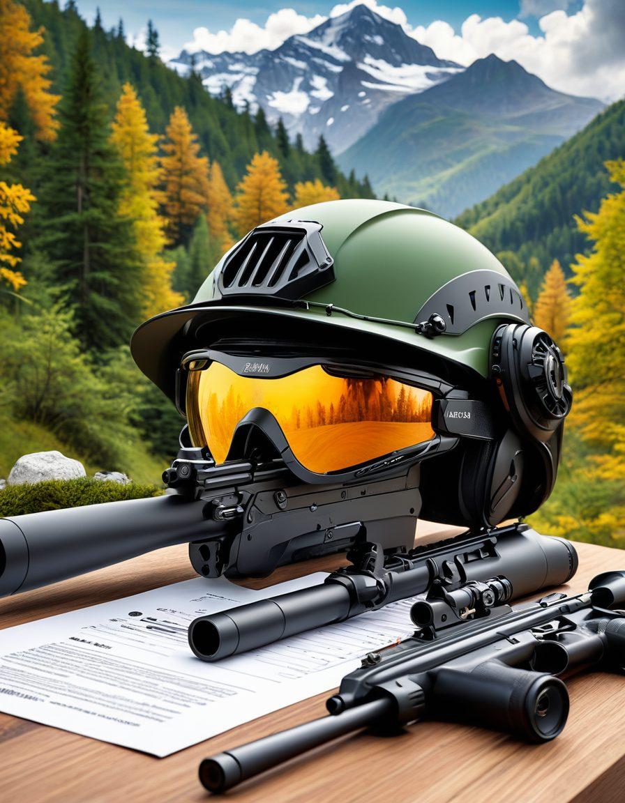 A close-up of a Hatsan airgun surrounded by protective gear, including a stylish helmet and strategic insurance paperwork, with a backdrop of mountains and forests symbolizing adventure and safety. Incorporate elements of digital graphs and smart technology, showcasing insurance statistics in an engaging way. The scene should convey a sense of security and thrill in the outdoors. super-realistic. vibrant colors. 3D.